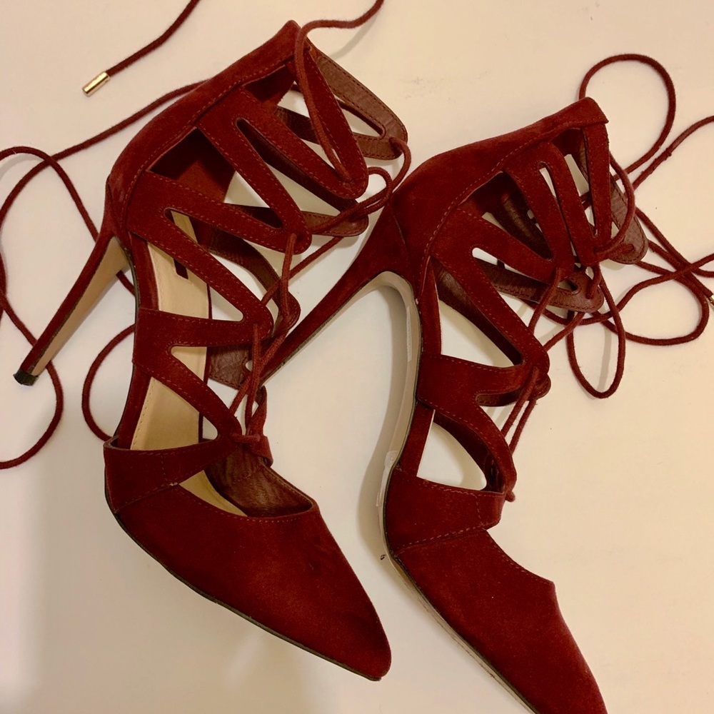 Burgundy Lace Up Heels Suede Pumps